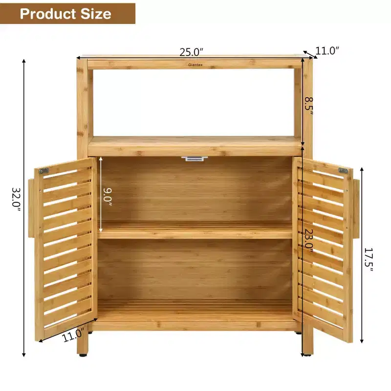 Costway Two-door Bamboo Bathroom Floor Cabinet Storage Organizer w/ Open Shelf