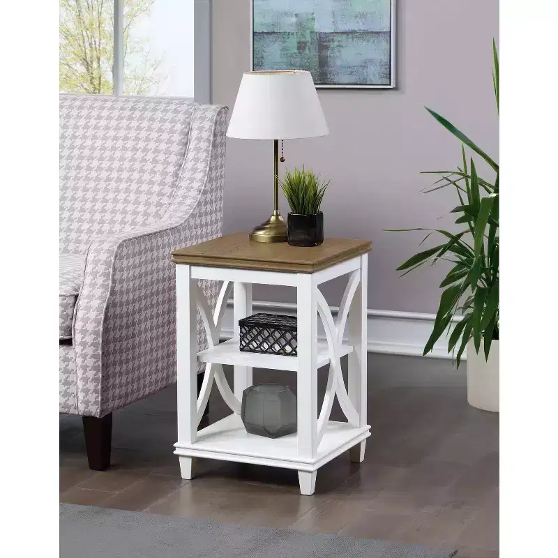 End Table with Shelves Italian Inspired X-Side Design Two-Tier Storage Solid Rubberwood with Oak Veneer Accent Table