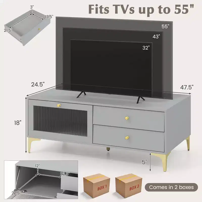 Costway Modern TV Stand for 55 TVs with Drop Down Door Cabinet 2 Storage Drawers Gray