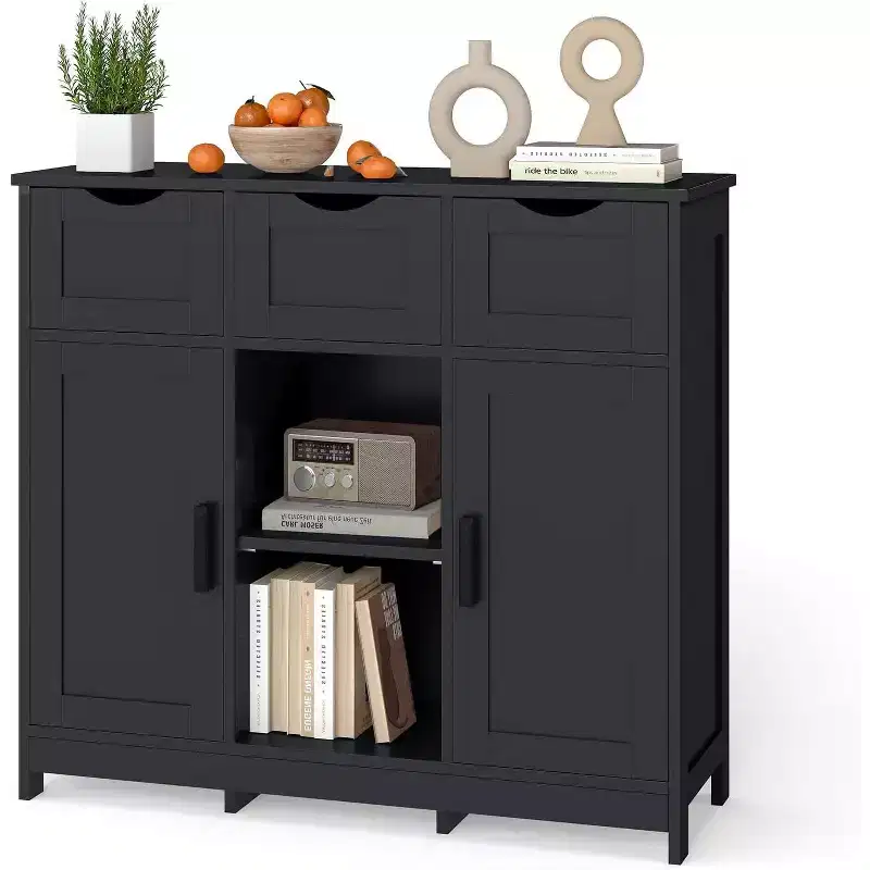 Farmhouse Sideboard Buffet Cabinet with Drawers & Adjustable Shelves – Black