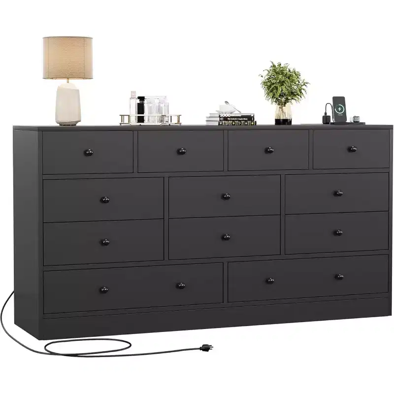 12 Drawer Dresser for Bedroom, 61'' Modern Dresser TV Stand with Charging Station, Large Wooden Chest Od Drawers for Nursery, Closet, Living Room