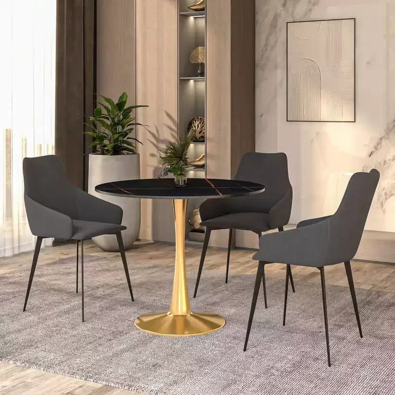 LeisureMod Bristol 35 Round Dining Table  Sintered Stone Top Accent Caf Table & Sturdy Steel Gold Pedestal Base for Kitchen and Small Spaces