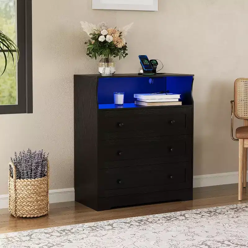 31.5 Wide 3-Drawer Dresser, with Open Storage Shelf for Living Room, Black