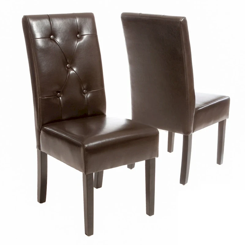 Brown Bonded Leather Dining Chair Set of 2 | Walnut Wood Legs | Modern Style