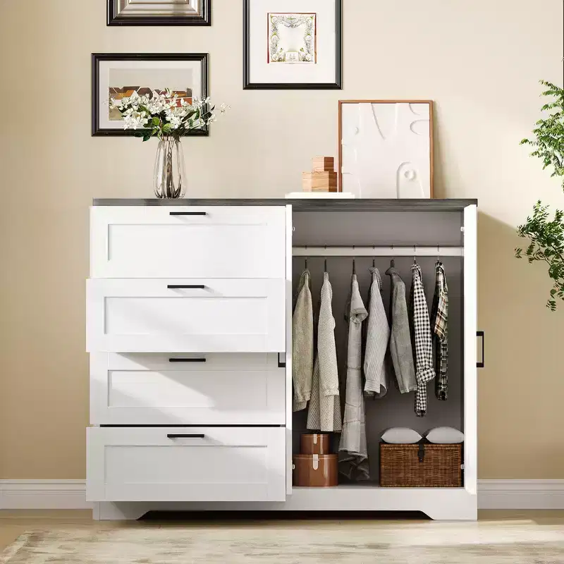 43.3'' H Multifunctional Wooden Dresser, 2 Door Wardrobe Armoire Closet with 4 Drawers and Hanging Rod, Low Storage Cabinet for Hanging Cloth