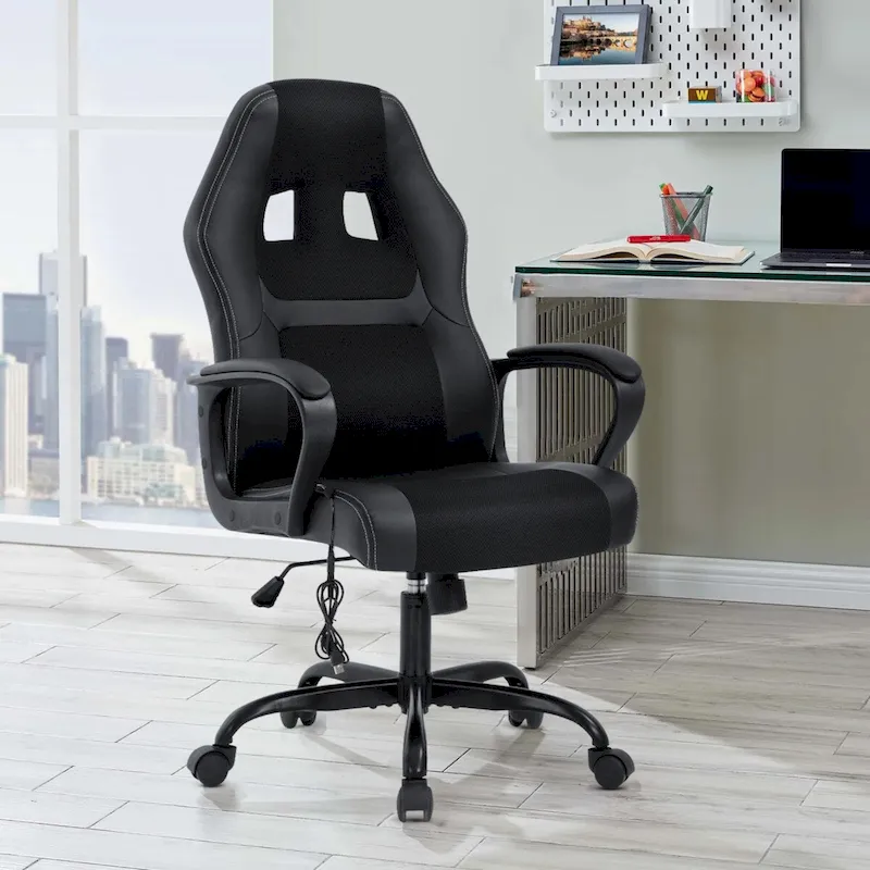 Black Faux Leather Ergonomic Office Chair with Lumbar Massage, Single