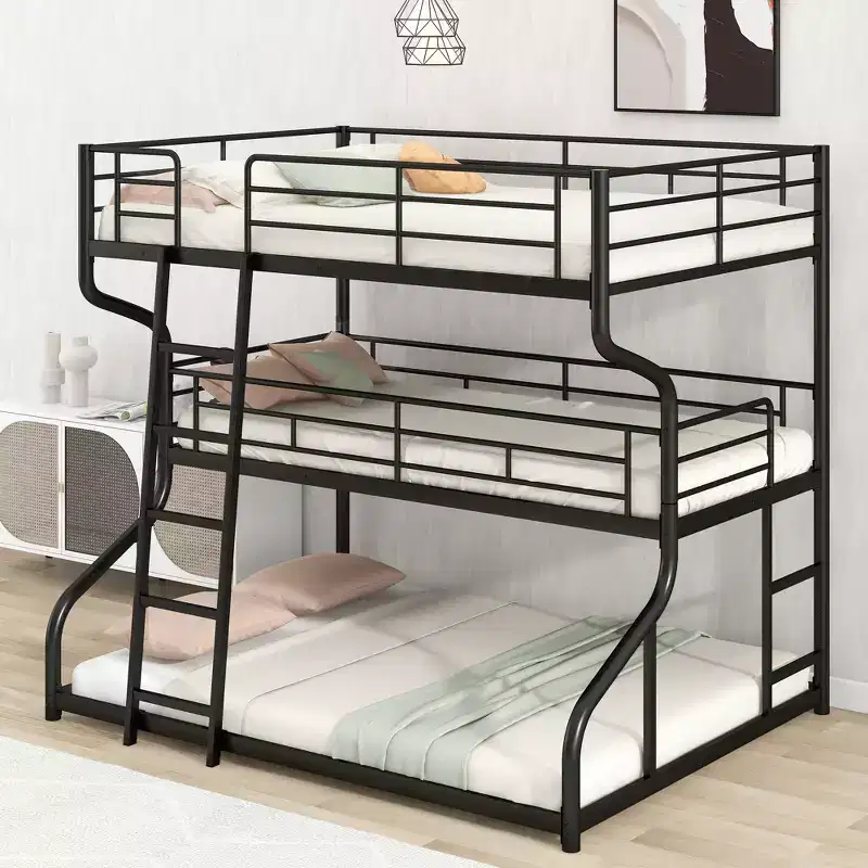 Whisen Metal Full XL over Twin XL over Queen Size Triple Bunk Bed with Long and Short Ladder