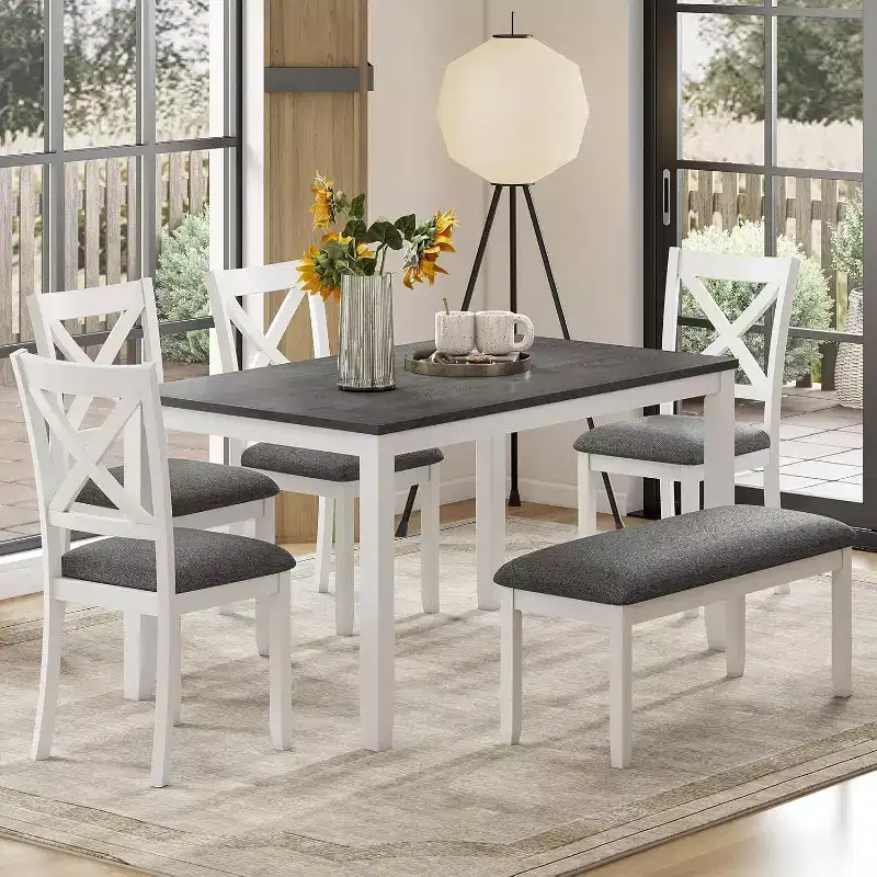 Zevemomo 6-Piece Solid Wood Dining Table Set, Including 1 Dining Table, 4 Upholstered Chairs and 1 Bench, for Dining Room, Kitchen, , White Diamond