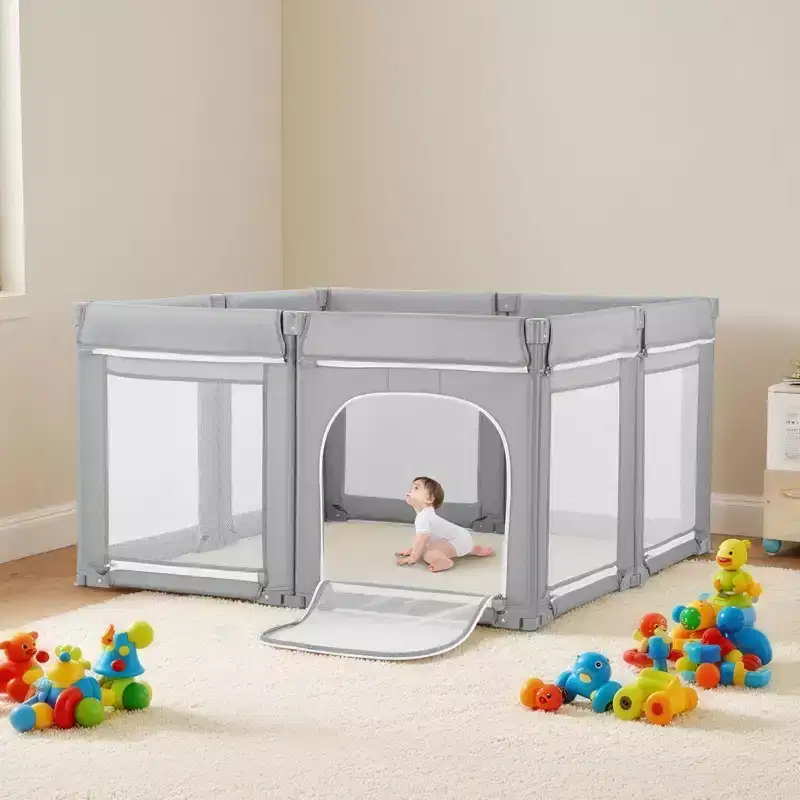 Baby Playpen, 78.7 x 70.1 Extra Large Toddlers Playpen, Foldable Baby Fence Play Yard with Zippered Door & Soft Breathable Mesh, Gray