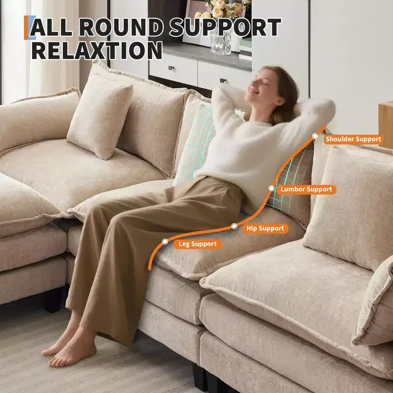 Sofa, 112 Modular L-Shaped Cloud Couch  Plush Chenille/Corduroy Fabric Deep Seat with Ottoman & Side Pockets for Living Room/Bedroom