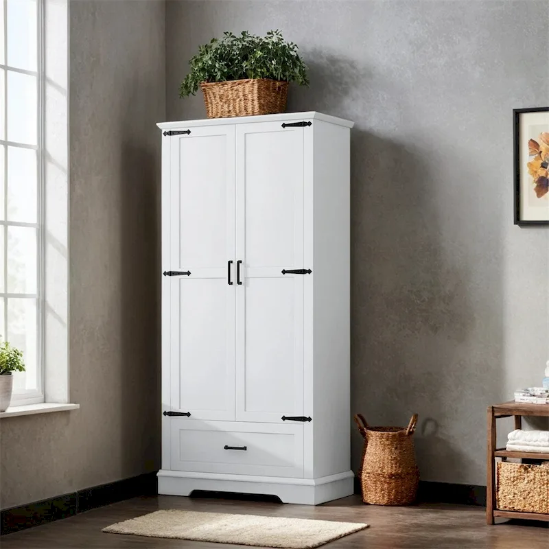 Tall Storage Cabinet with 2 Doors & 1 Drawer – White, MDF, Adjustable Shelves