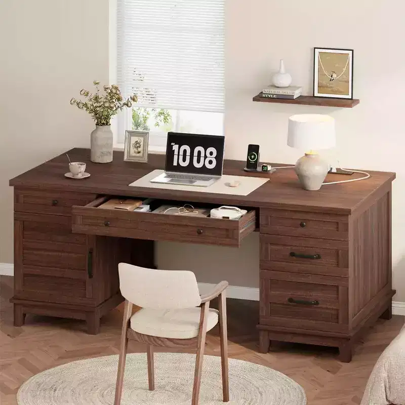 Double Workstation Desk for Home Office, Extra-Large Desk with Adjustable Storage Cabinets, Full-Extension Drawers & Charging Station