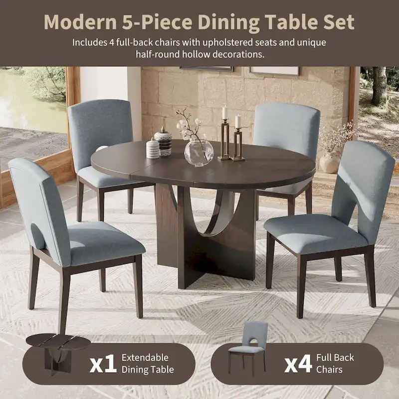Modern 5-Piece Round Dining Set with 16.2 Removable Leaf