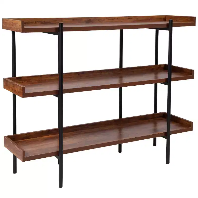 Industrial Style Rustic Brown 3-Tiered Shelving Unit With Black Metal Frame and Raised Border - 35H