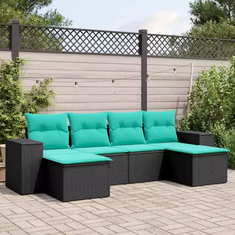 vidaXL Patio Sofa Set Black Sofa, Blue Cushions