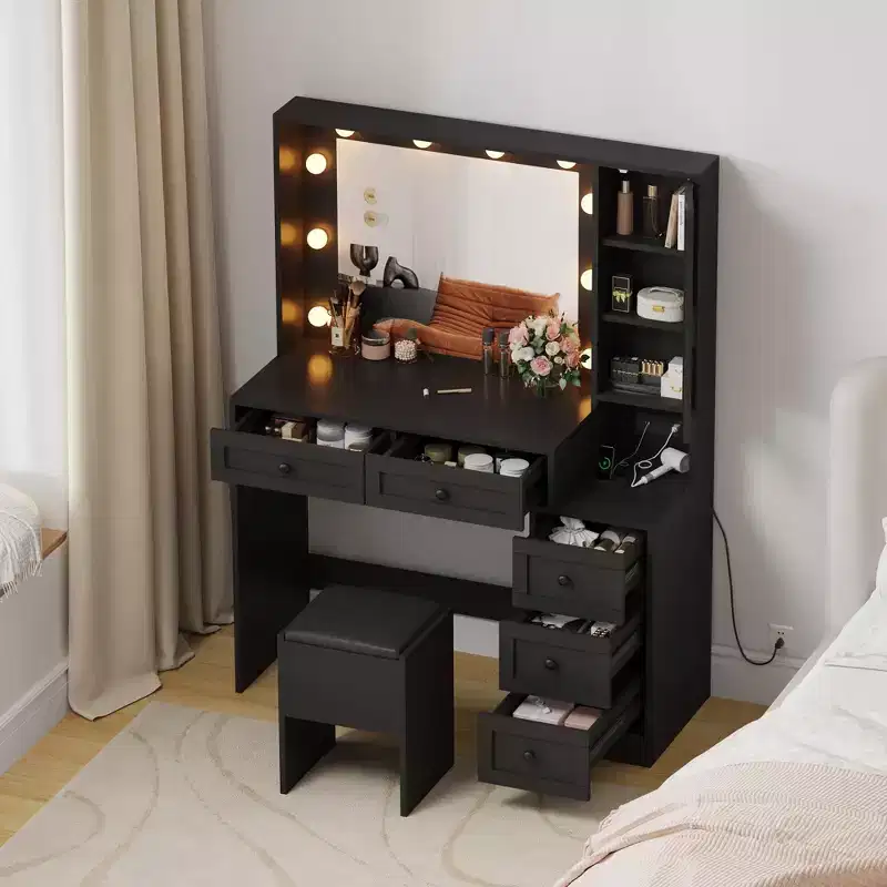 Makeup Vanity Desk and Stool, Vanity Desk with Lights, Vanity Table Set with Charging Station, Drawers and Hidden Storage Shelves