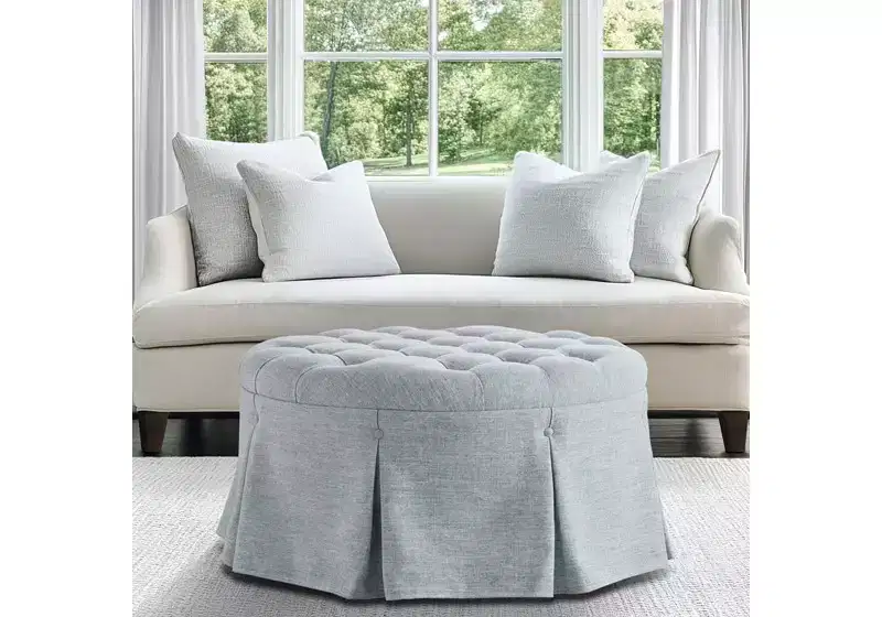 Elowen Tufted Round Cocktail Ottoman with Pleated Skirt