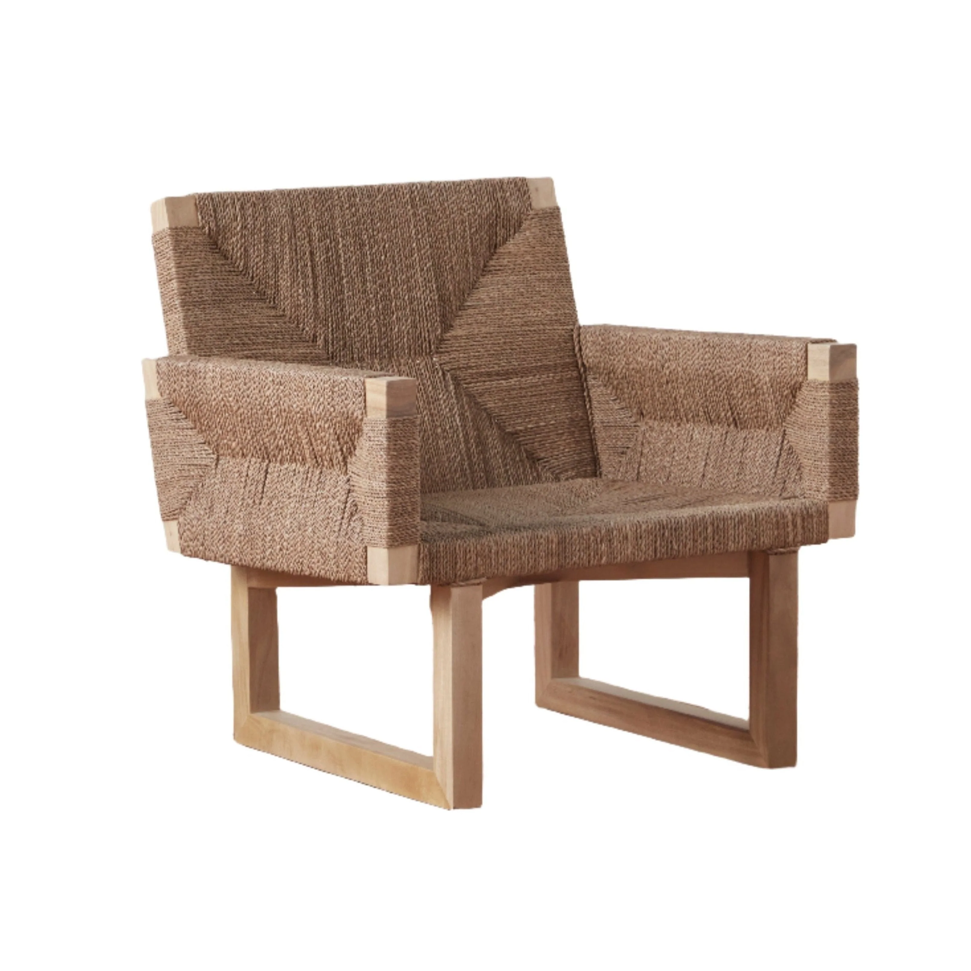 Rustic Seagrass Rope & Beechwood Lounge Chair with Natural Woven Texture for Living Room or Patio