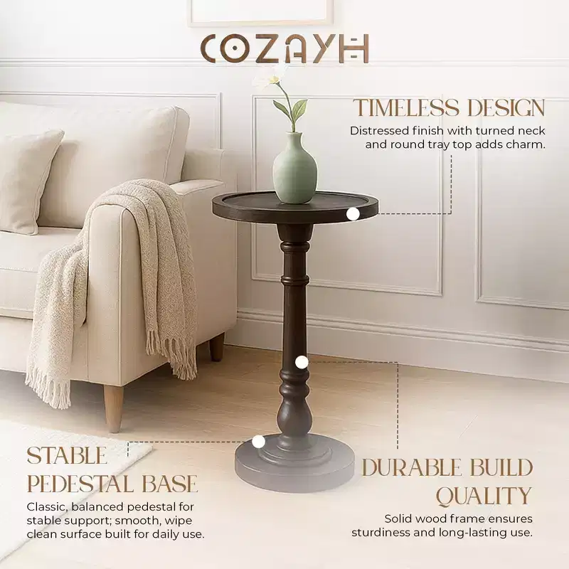 Dark Brown Round Pedestal End Table, Solid Wood, Set of 2