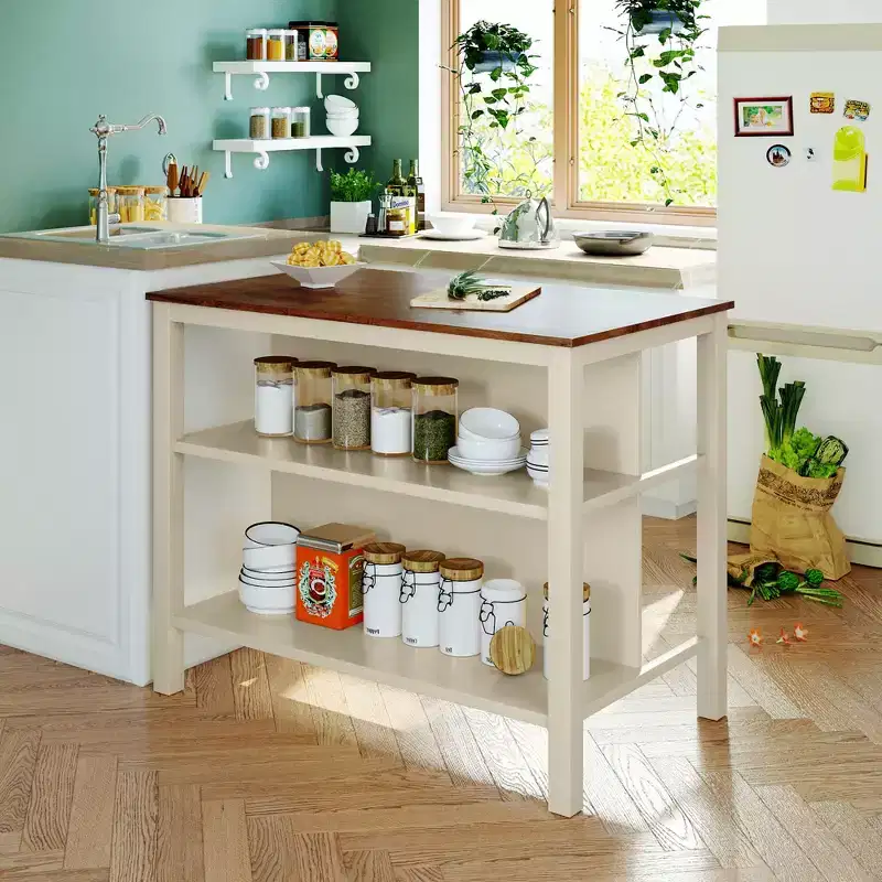 Okak Rustic Stationary Kitchen Island with Rubberwood Butcher, Kitchen Cart with 2 Open Shelves, Kitchen Island Table for Small Space, Walnut