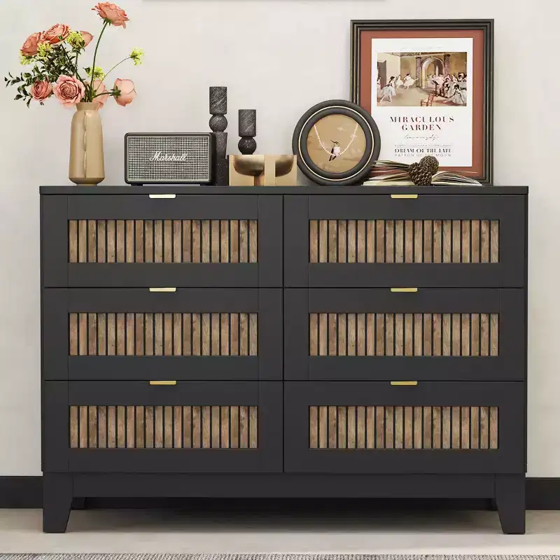 Farmhouse Dresser for Bedroom with 6 Drawer, Wooden Closet Storage Cabinet Organizer Nightstand with Metal Handles for Living Room Hallway, Brown
