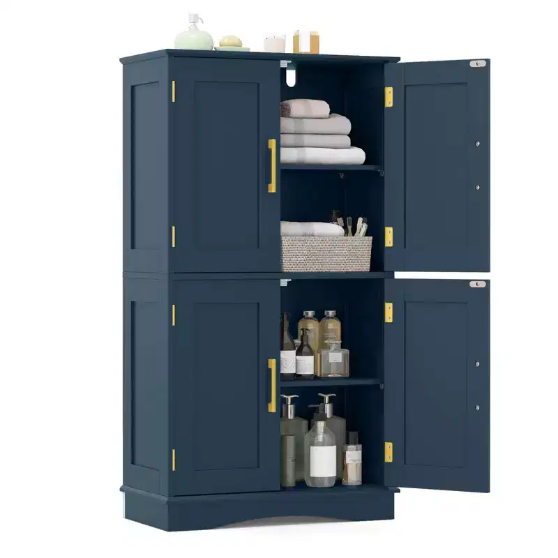 Costway Bathroom Floor Storage Cabinet 43.5 Freestanding Pantry Cabinet with 4 Doors Black/Blue/Gray/White