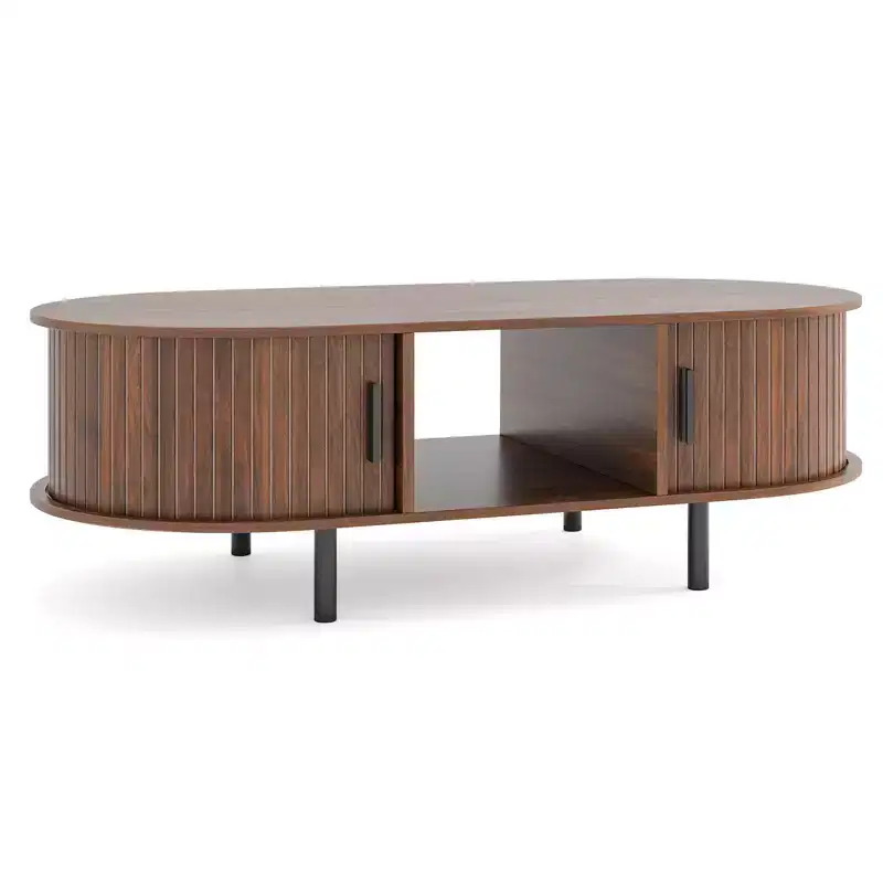 Costway 48 Mid Century Center Table with Sliding Fluted Doors & Open Compartment