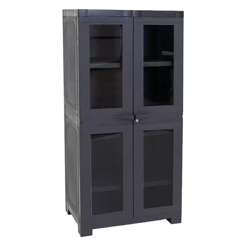 Sunnydaze Plastic Lockable Storage Cabinet with 3 Adjustable Shelves and 4 Windows - Charcoal - 48.75