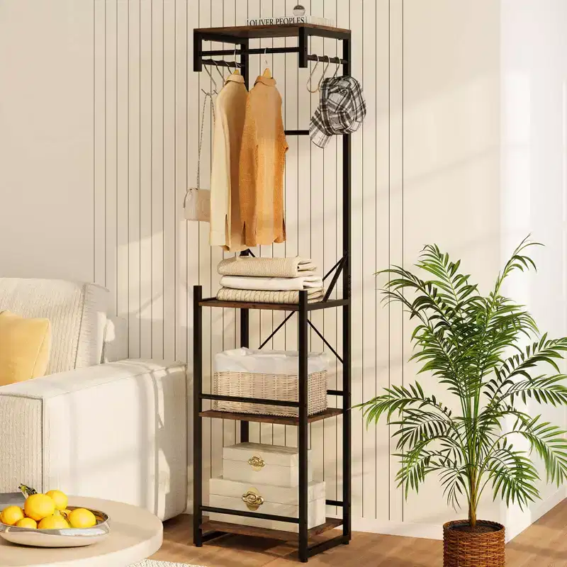 Freestanding Coat Rack with 4 Storage Shelves 6 Hooks & 3 Hanging Rods for Entryway