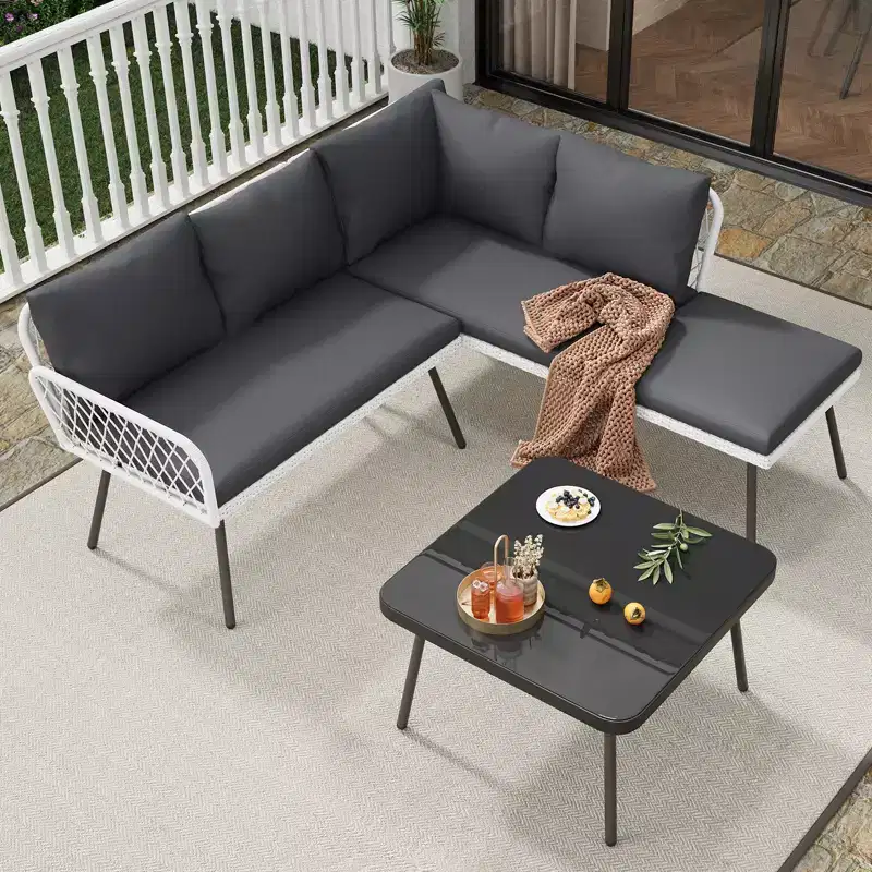 L-Shaped Patio Furniture Sets, Outdoor PE Wicker Conversation Set with Tempered Glass Coffee Table & Cushions (2 Loveseat ,1 Ottoman ,1 Coffee Table)
