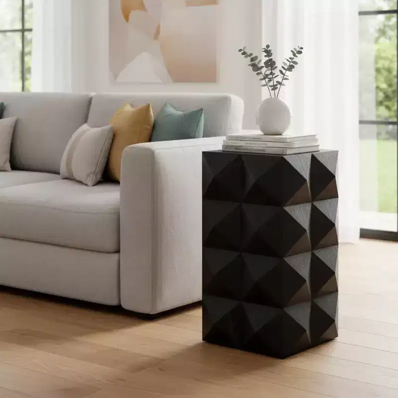 Geometric Carved Solid Wood End Table, Black Accent Table for Living Room & Bedroom