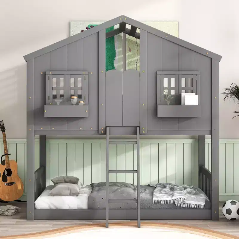 House Shaped Bunk Bed Twin over Twin with Roof and Windows for Kids, Wood Floor Bunk Bed Frame with Door, Ladder and Guardrail