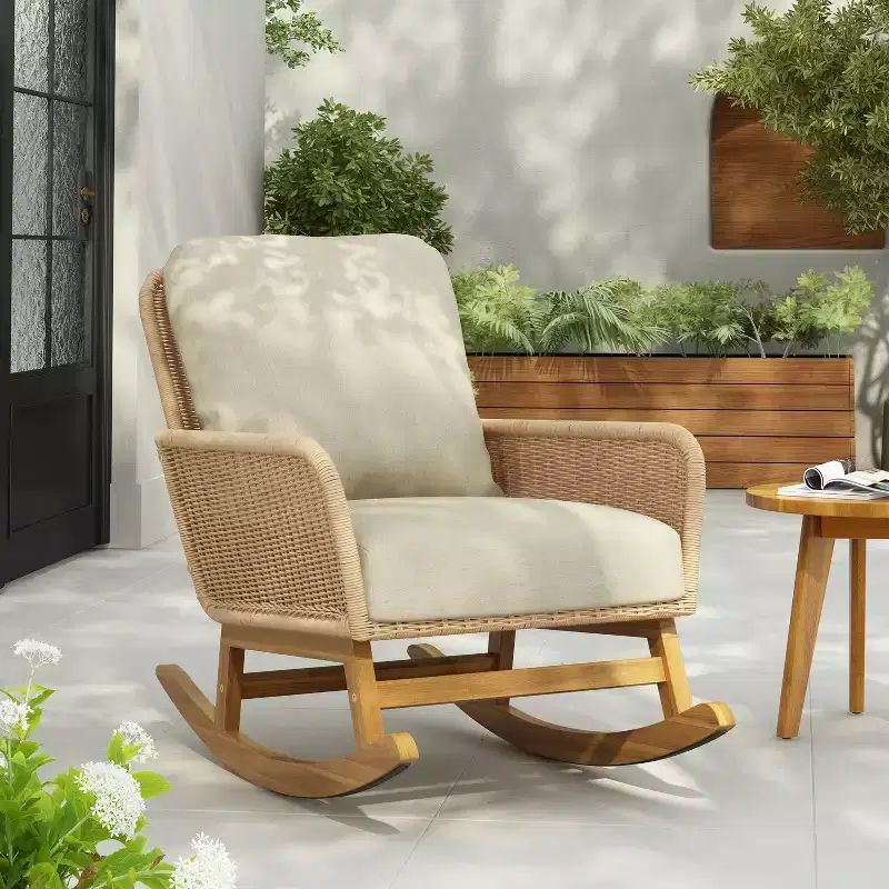Elegant Wicker Rocking Chair with Cushions, Wooden Glider Rocker Recliner w/ Rattan Armrest Perfect for Indoor and Outdoor Use - ModernLuxe