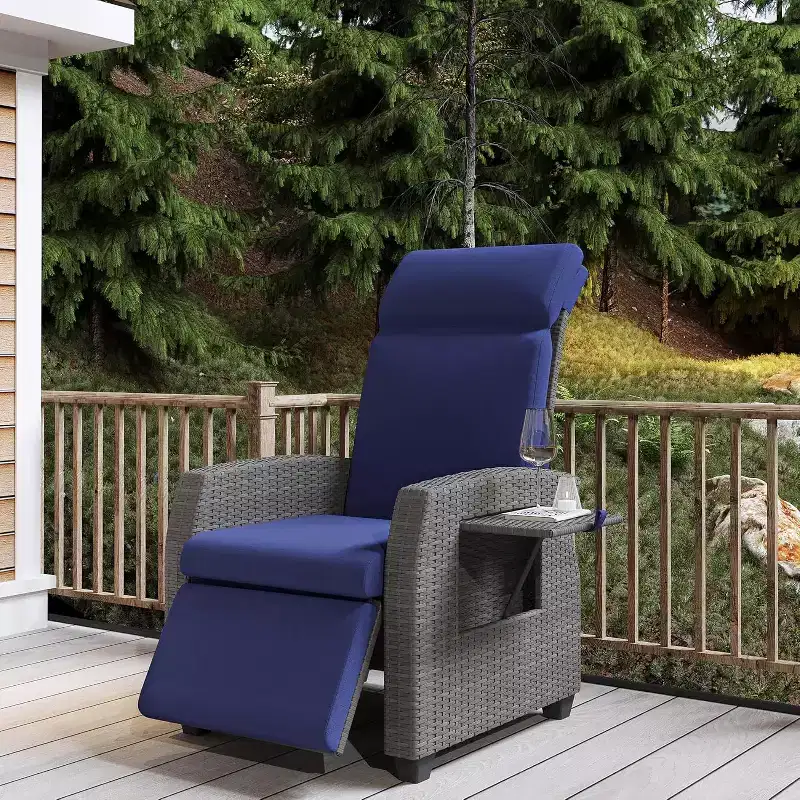 Outdoor Recliner with Adjustable Backrest and Footrest, PE Wicker Patio Reclining Lounge Chair with Flip-Up Table Air Pump 155 Lay Flat