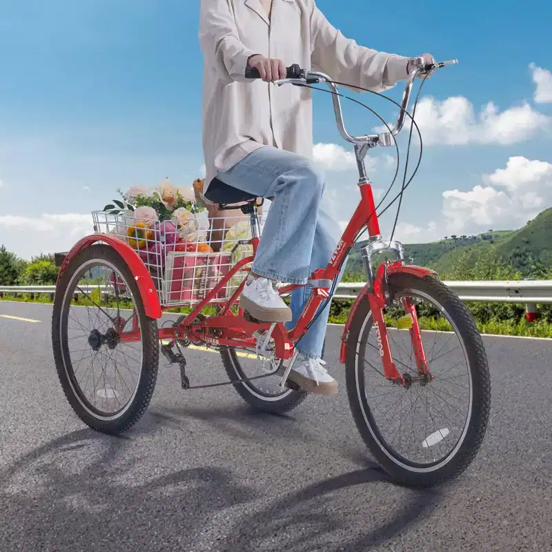 VEVOR Folding Adult Tricycle, 24-Inch Adult Folding Trikes, Carbon Steel 3 Wheel Cruiser Bike with Large Basket & Adjustable Seat