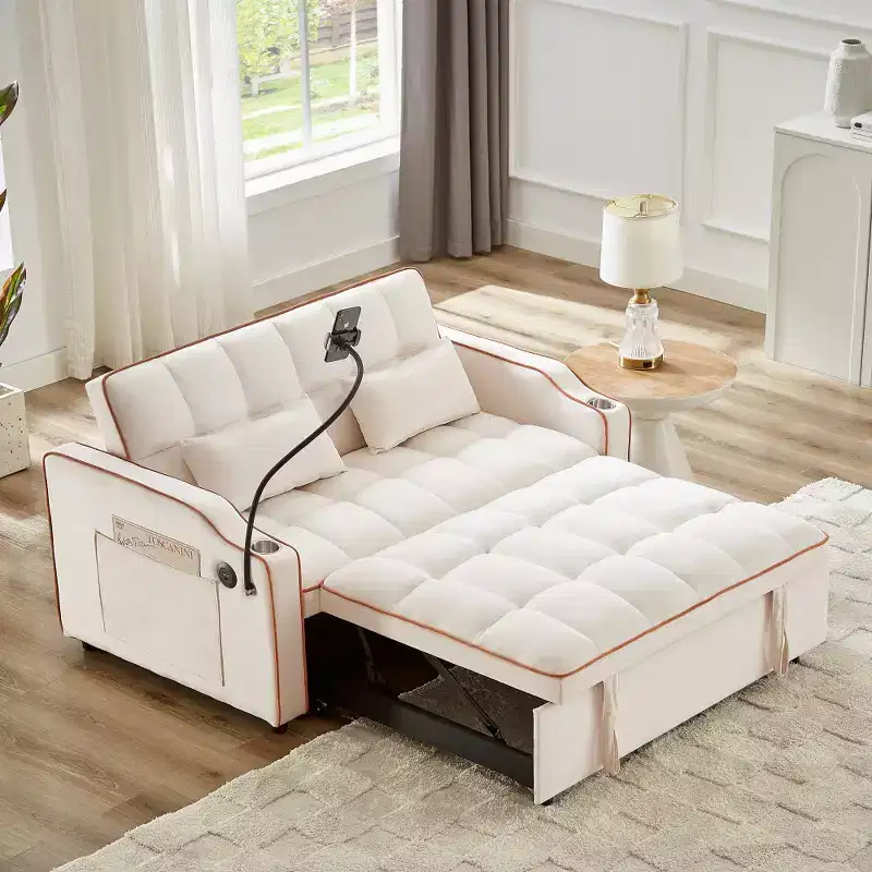 Zeus & Ruta Versatile 3-in-1 Foldable Velvet Sofa Bed with Adjustable Backrest, USB Port, Ashtray & Swivel Phone Stand