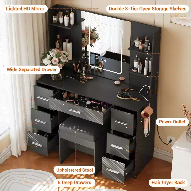 Vanity Desk with Mirror, Led Lights, Power Outlet and Stool, Makeup Vanity Table with 7 Drawers and 6 Storage Shelves, 3 Color Modes, Dressing Table