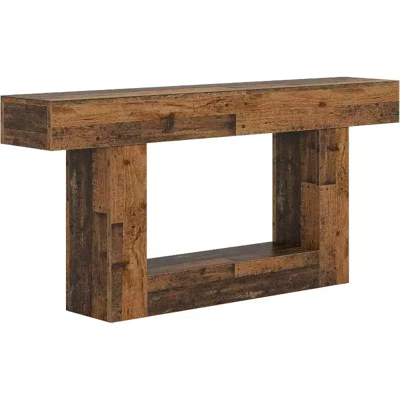 63-Inch Console Table, Farmhouse 2-Tier Entryway Table with U-Shaped Base for Living Room, Hallway, Foyer, Mix Brown