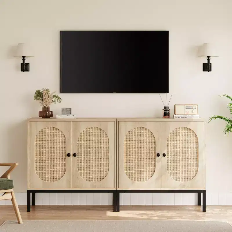 Rattan Buffet Cabinet, Natural Storage Cabinet with Adjustable Shelves, Small Sideboard Table for Dining Room, Kitchen, Living Room, Hallway