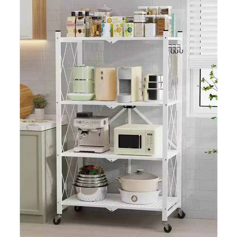 4-Tier Foldable Metal Storage Shelf with Side Hooks Heavy Duty Kitchen Organizer Rack White