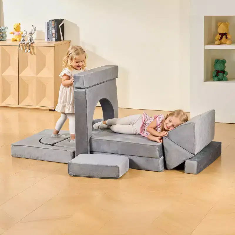VEVOR Modular Kids Play Couch, Sectional Toddler Sofa with Armrests, 28D Sponge & Short Pile, Convertible Kids Modular Couch, 14 Pcs, Gray