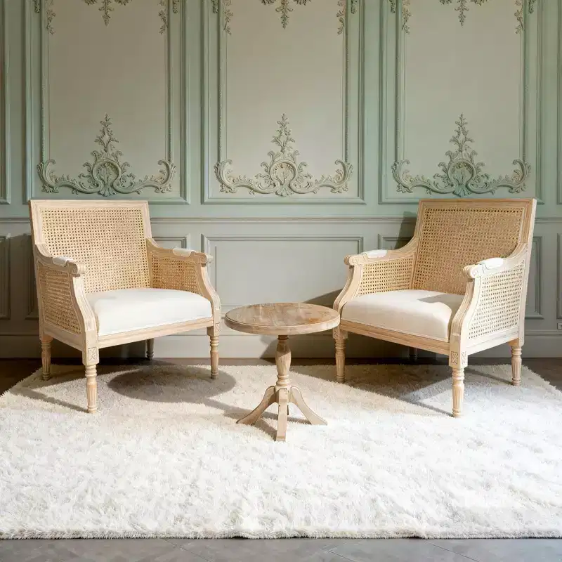 GDFStudio Bertie Rattan and Rubberwood Upholstered French Accent Chair