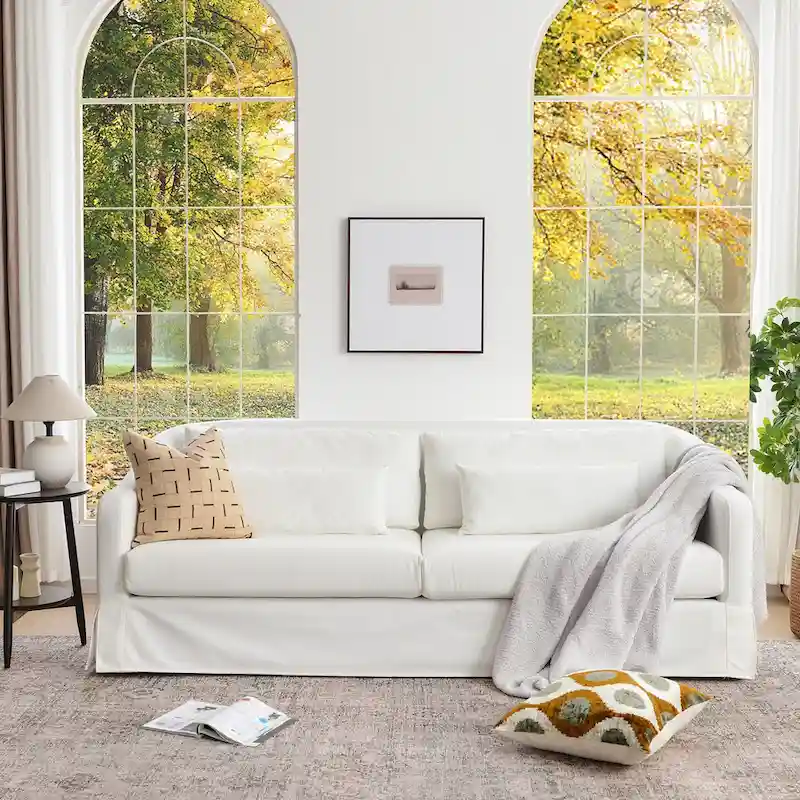 3-Seater Linen Slipcovered Sofa with 4 Pillows and Skirt, 90W