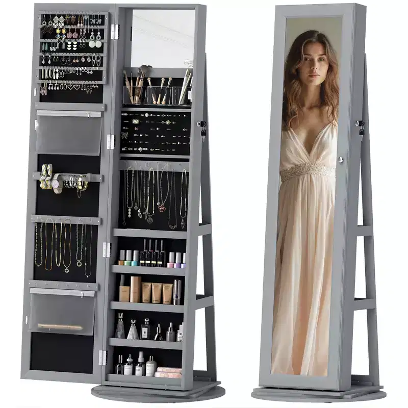 HOMCOM Jewelry Cabinet, 360 Swivel Jewelry Armoire with Full-Length Mirror, Storage Shelves, Interior Small Mirror, for Bedroom Living Room