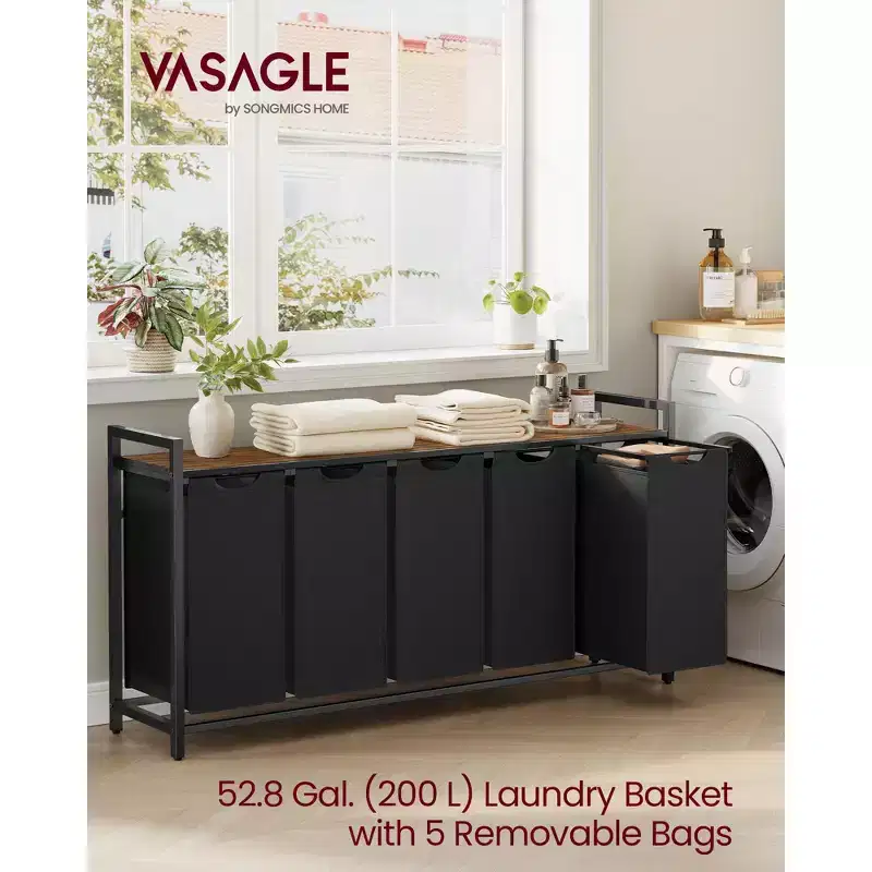 5-Bag Laundry Sorter Cart with Removable Washable Bags, 52.8 Gallon Capacity Rolling Hamper with Ventilated Shelf, Ink Black and Rustic Brown