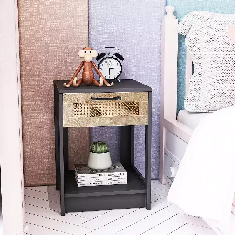Rattan Nightstands, with Rattan Decor Drawer and Open Shelf,Farmhouse Nightstand Bedside Table with Drawer and Storage Shelf