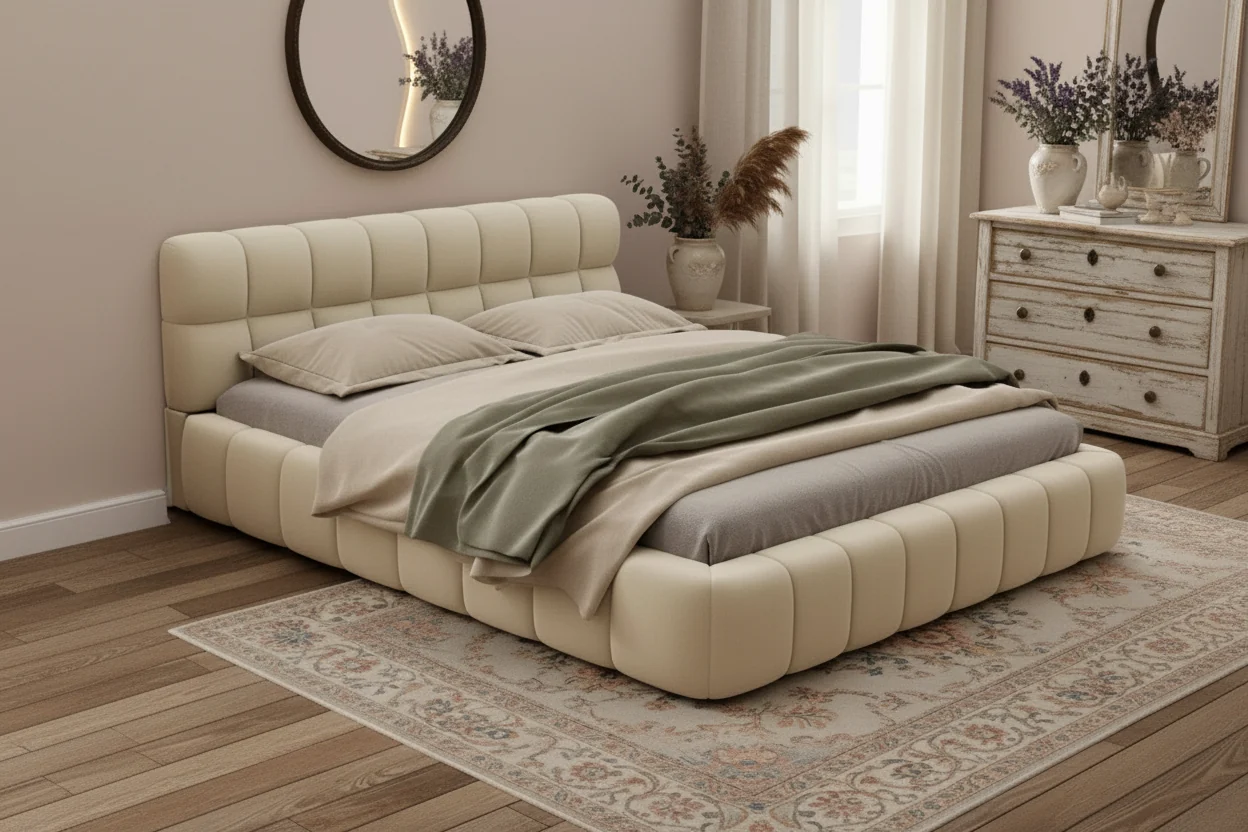 Queen/King Size Upholstered Platform Bed with Thick Fabric, Grounded Bed with Solid Frame