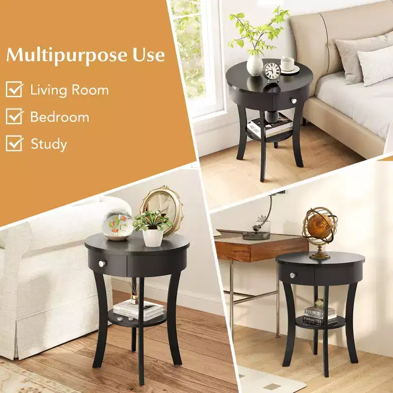 tier Side End Sofa Table Round Nightstand Bedroom Living Room White/Espresso/Black