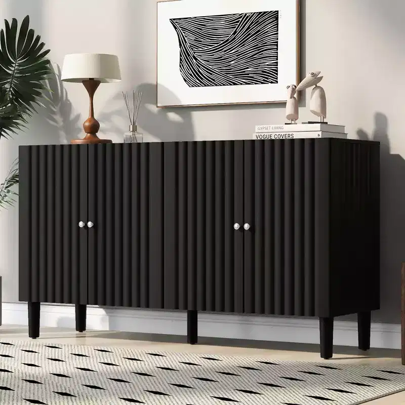 Modern Elegant Sideboard with 4 Wavy Pattern Doors and Cylindrical Legs, 58'' Storage Cabinets with Adjustable Shelves, Accent Entryway