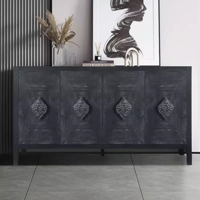 Antique Style 4-Door Sideboard Buffet Cabinet, Wooden Storage Cabinet with Tempered Glass Door for Kitchen Dining/Living Room Hallway